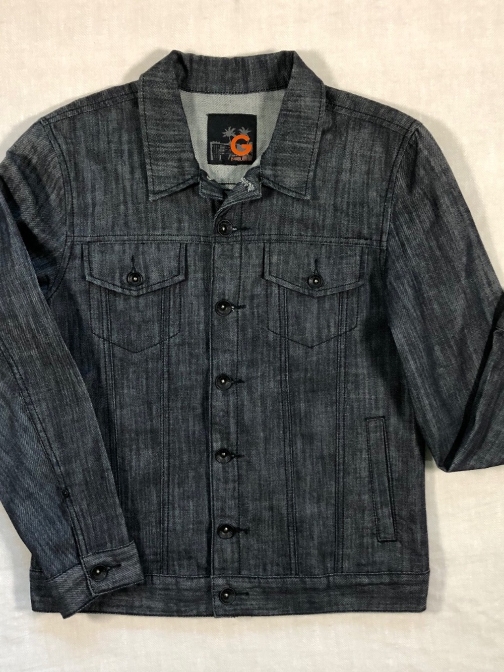 G by Guess Men’s Gray Denim Jean Jacket Size M Button Front Point Collar